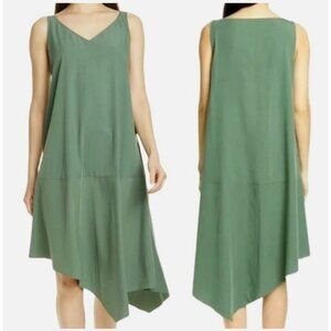 Eileen Fisher Dress Medium V Neck Asymmetrical Green Tencel Sleeveless Shift